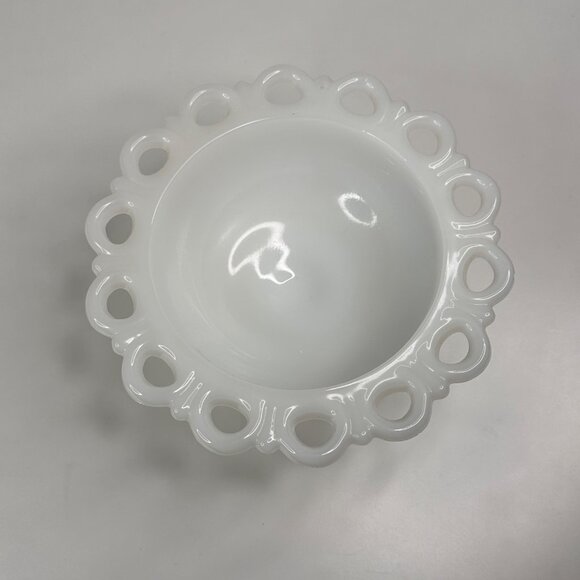 Vintage White Milk Glass Pedestal Bowl With Decorative Lace Edge Design - Picture 3 of 7